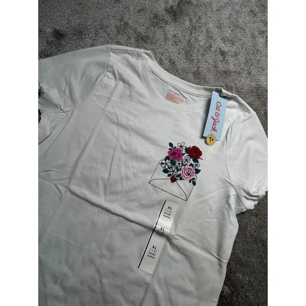 Cat & Jack‎ White Short Sleeve Floral T-Shirt  Girls  XL (14) New with tags